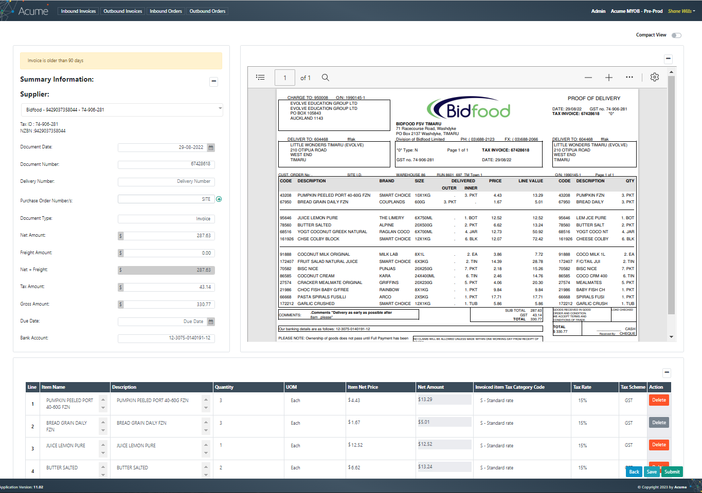 screenshot of Acume eInvoicing
